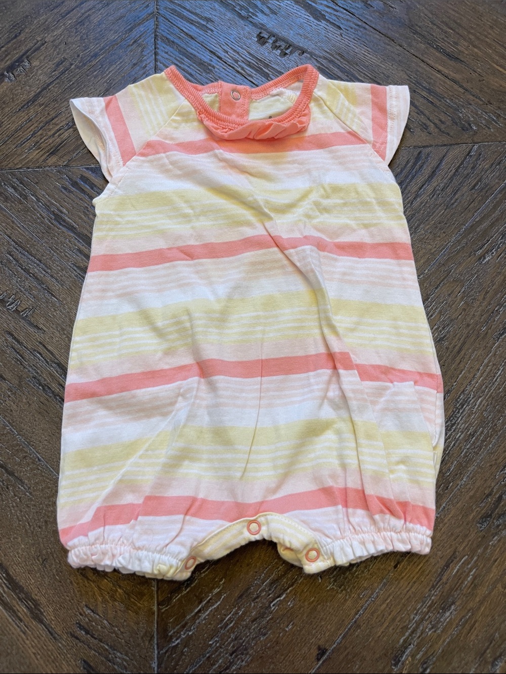 Burt's Bees Baby Peach and Yellow Stripe Onesie With Ruffle Neck